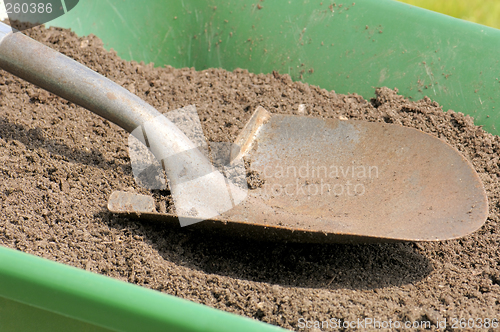 Image of Gardening-Shovel-Sandy Soil-Wheelbarrow