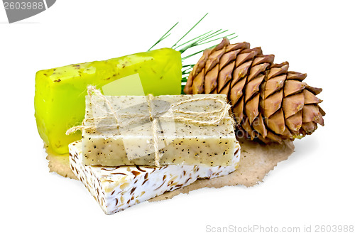 Image of Soap different with cedar cones on paper