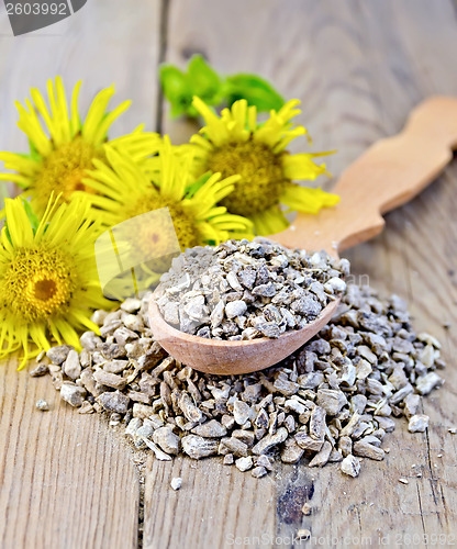 Image of Herbal tea from the root of Elecampane on a spoon with flowers