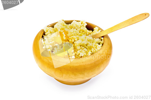 Image of Porridge millet with pumpkin in a wooden bowl with spoon