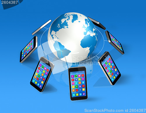 Image of Smartphones Around World Globe, Global Communication