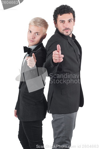 Image of Two white men pointing with their fingers