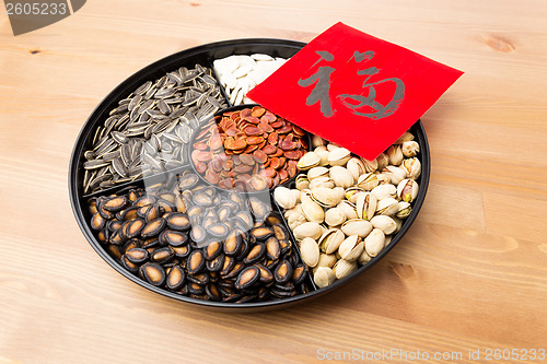 Image of Assorted chinese sytle snack tray and chinese calligraphy, meani