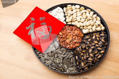Image of Assorted chinese sytle snack tray and chinese calligraphy, meani