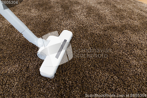 Image of Brown carpet with vacuum cleaner in living room 