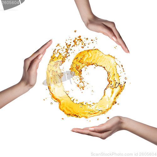 Image of Orange water figure with human hands isolated on white