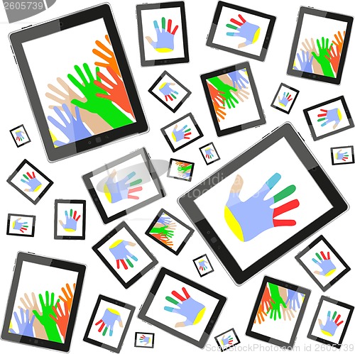 Image of hands on tablet touch computer set on white background