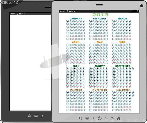 Image of Calendar for 2013 in tablet PC isolated on white background
