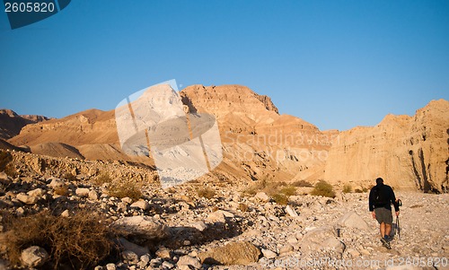 Image of Tourists hiking in dead sea mountains