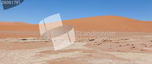 Image of View over the deadvlei with the famous red dunes of Namib desert