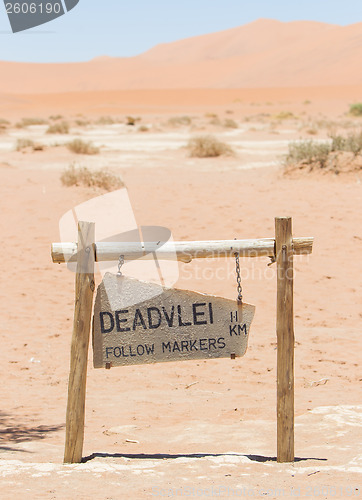 Image of Sign of the Deadvlei (Sossusvlei), the famous red dunes of Namib