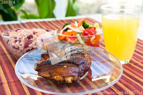 Image of Jerk Chicken with Vegetables, Rice and Lemonade