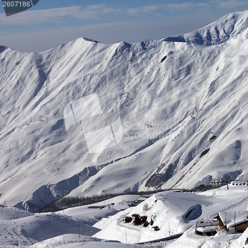 Image of View on ski resort Gudauri in sun day