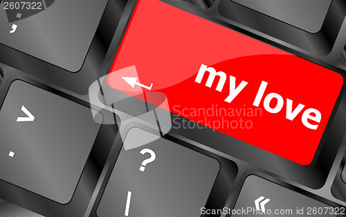 Image of my love on key or keyboard showing internet dating concept