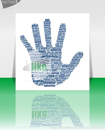 Image of Illustration of the hand symbol, which is composed of text keywords on social media themes