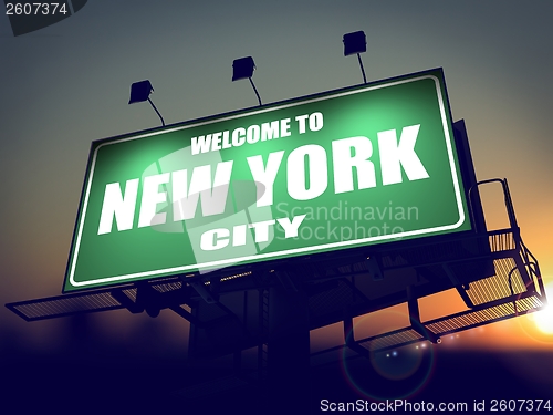 Image of Billboard Welcome to New York at Sunrise.