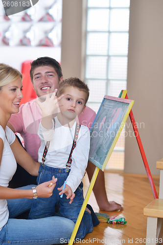 Image of family drawing on school board at home