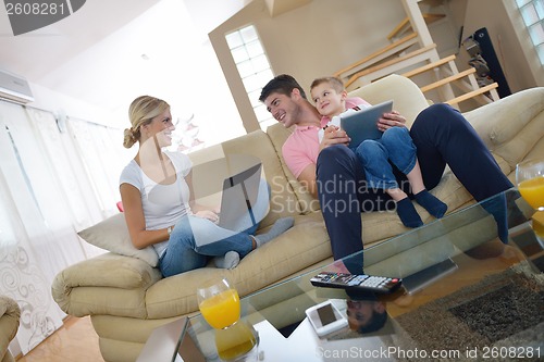 Image of family at home using tablet computer