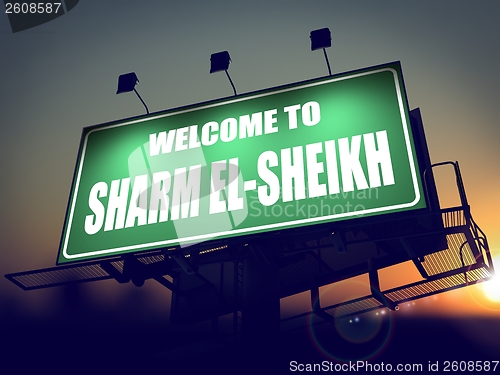 Image of Billboard Welcome to Sharm el-Sheikh at Sunrise.