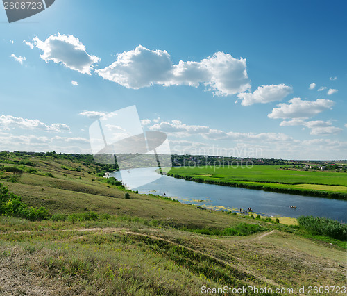 Image of blue sky with clouds over river