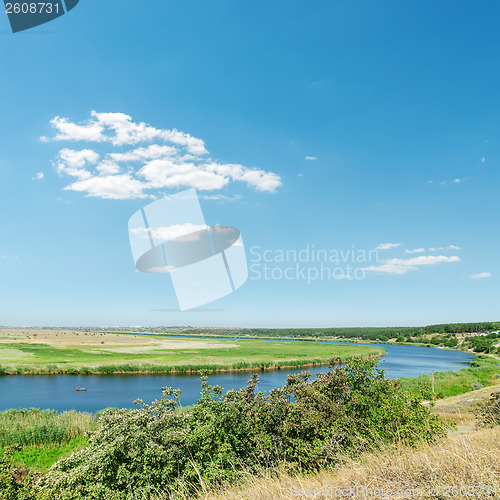 Image of river in green grass and blue sky