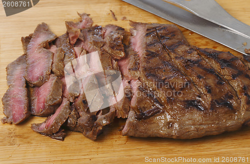 Image of London broil sliced on a board