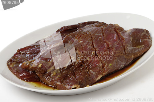 Image of Marinaded flank steak on a plate