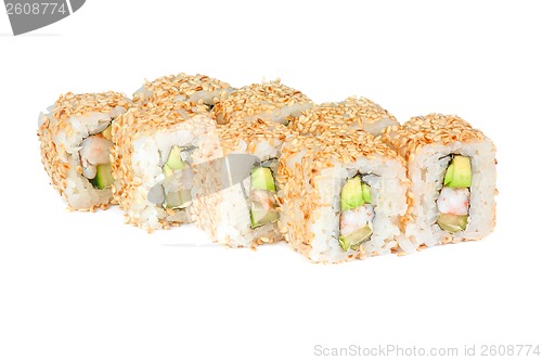 Image of sushi rolls with sesame avocado and shrimp