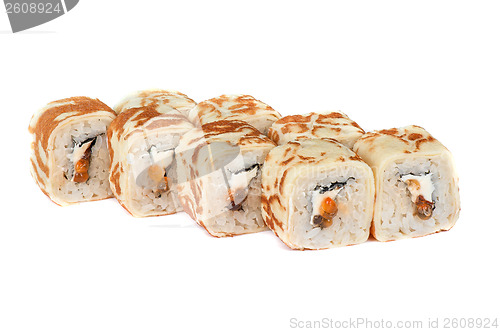 Image of pancake sushi rolls with red caviar