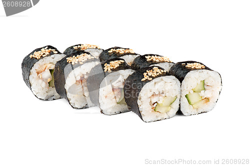 Image of Roll made cucumber, smoked eel and sesame