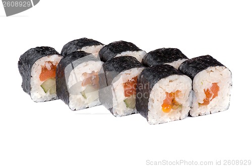 Image of sushi fresh maki rolls with red caviar