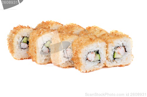Image of roasted sushi rolls with cucumber and shrimp