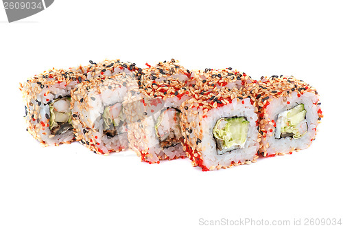 Image of sushi rolls with sesame avocado and shrimp