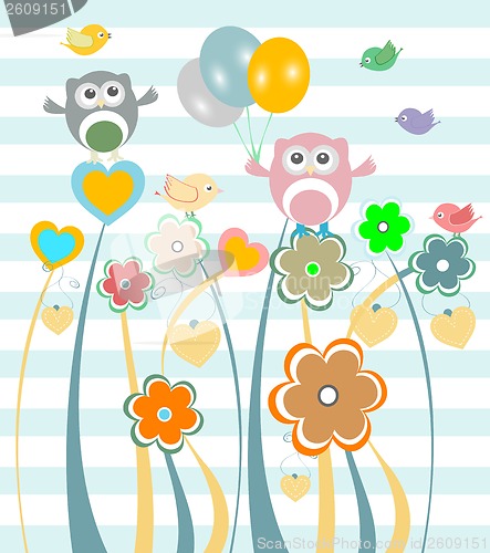 Image of Cute kids background with flowers, owls and birds