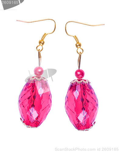Image of Earrings in light-cherry glass with gold elements. white backgro