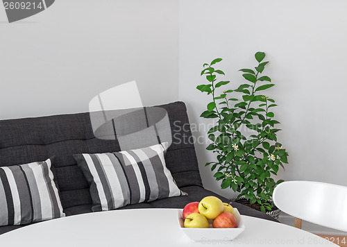 Image of Room with table, sofa and green tree