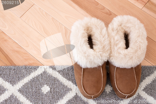 Image of Rug and slippers on wooden floor
