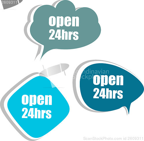 Image of open 24 hours word on modern banner design template. set of stickers, labels, tags, clouds