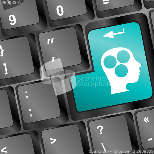 Image of Education concept: Enter button with Head With Gears on computer keyboard, 3d render