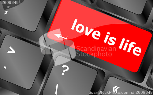 Image of Modern keyboard with love is life text symbols