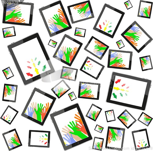 Image of hands and business arrow on tablet touch computer set on white background