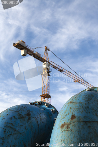 Image of Blue pipelines at construction site