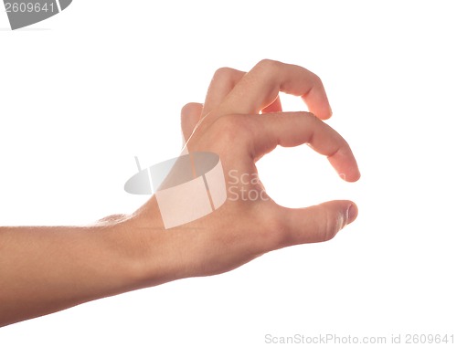 Image of Human hand holding something on white background