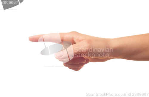 Image of Pointing human hand on white background