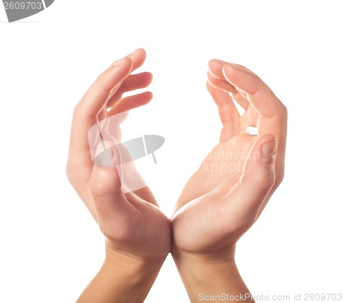 Image of Two human hands showing sphere on white background