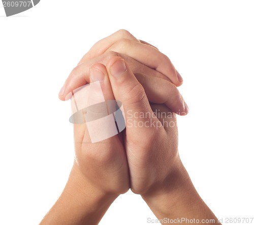 Image of Two human hands on white background