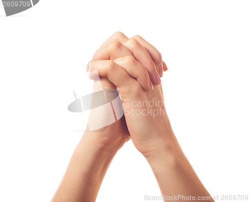 Image of Two pleading human hands isolated on white background