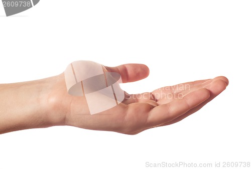 Image of Friendly human hand on white background