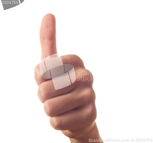 Image of Gesturing one human hand with thumb up on white background