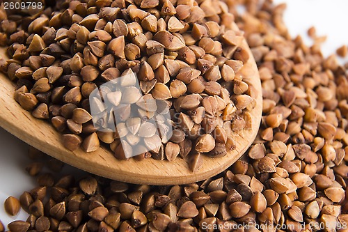 Image of Buckwheat seeds on wooden spoon in closeup 